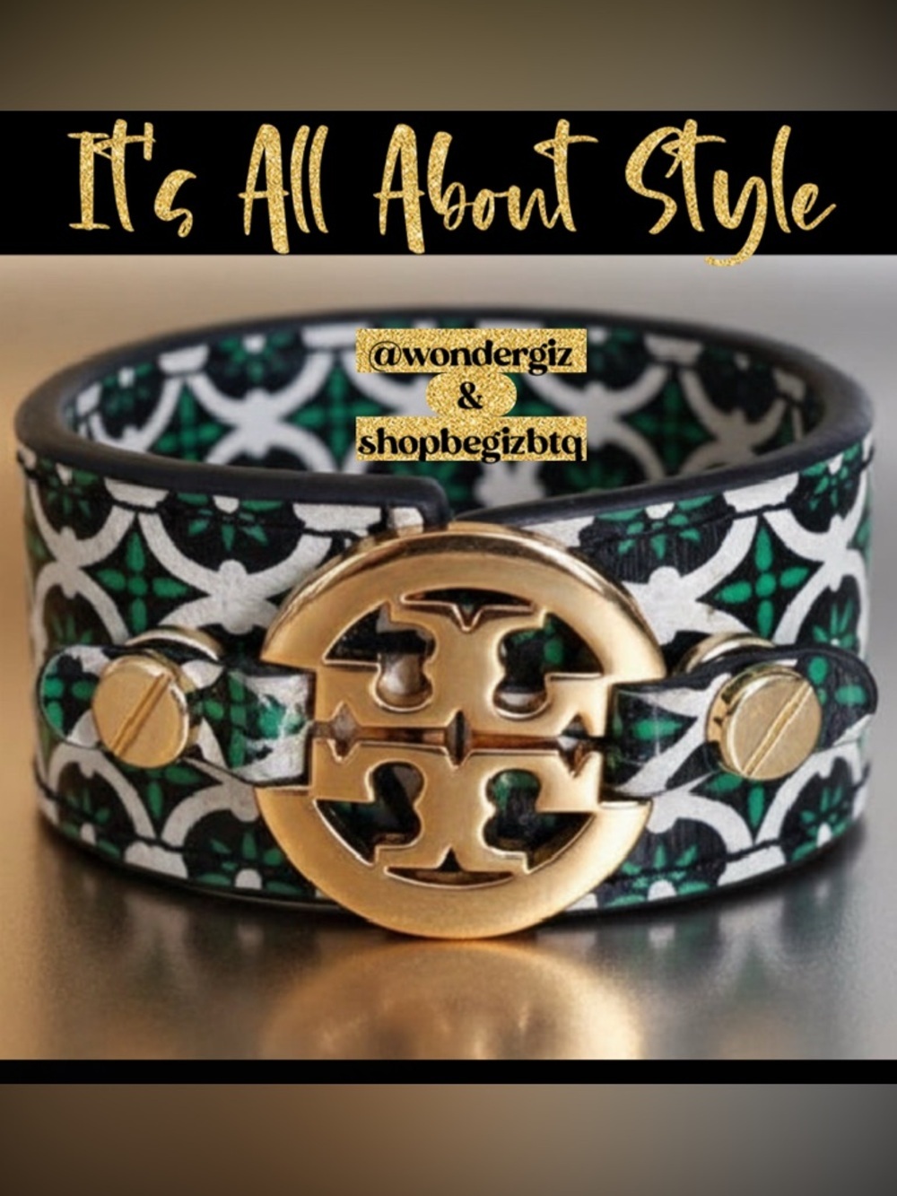 NWOT Authentic Tory Burch Cuff in Green Pattern Leather And Gold Signature Logo